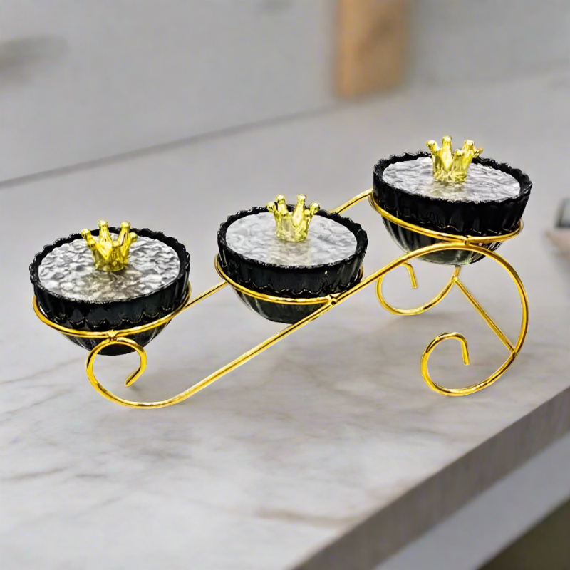 3 Condiment Sets With Gold Stand