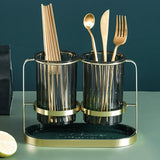 Twin Glass Cutlery Holder With Stand Green/Gold