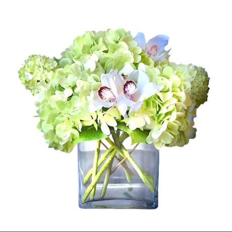 Hydrangea & Cymbidium Arrangement in Glass Vase