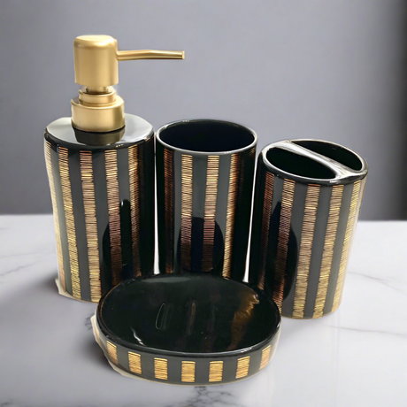 Bathroom Set Black & Gold Stripes (Set of 4Pcs)