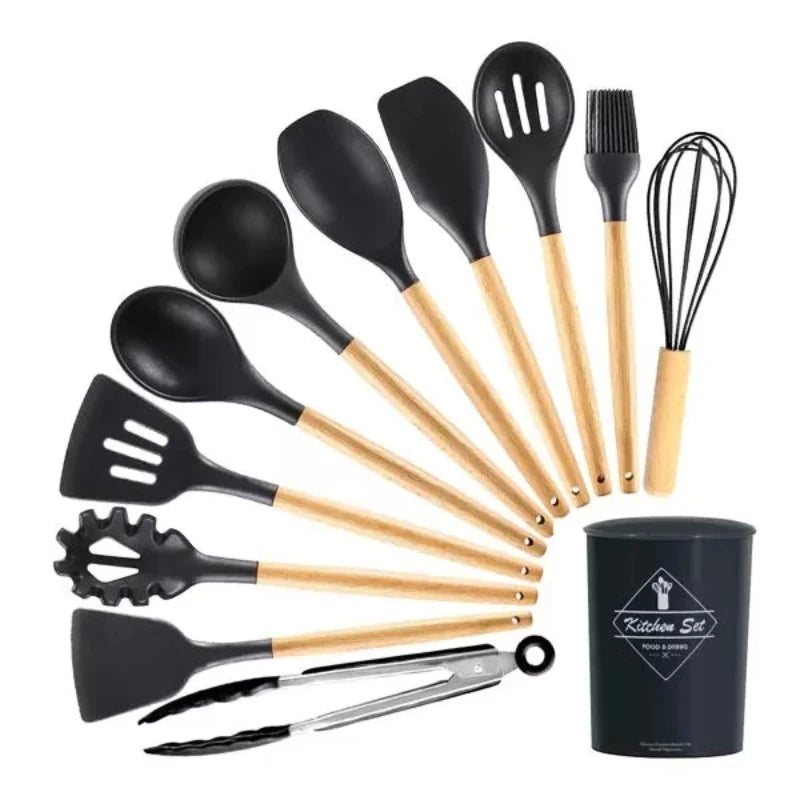 Silicone Non-Stick Cooking Tool Set with Black Holder Box