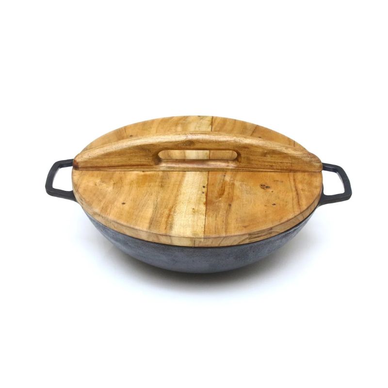 Cast Iron Wok With Wooden Lid 12.5"