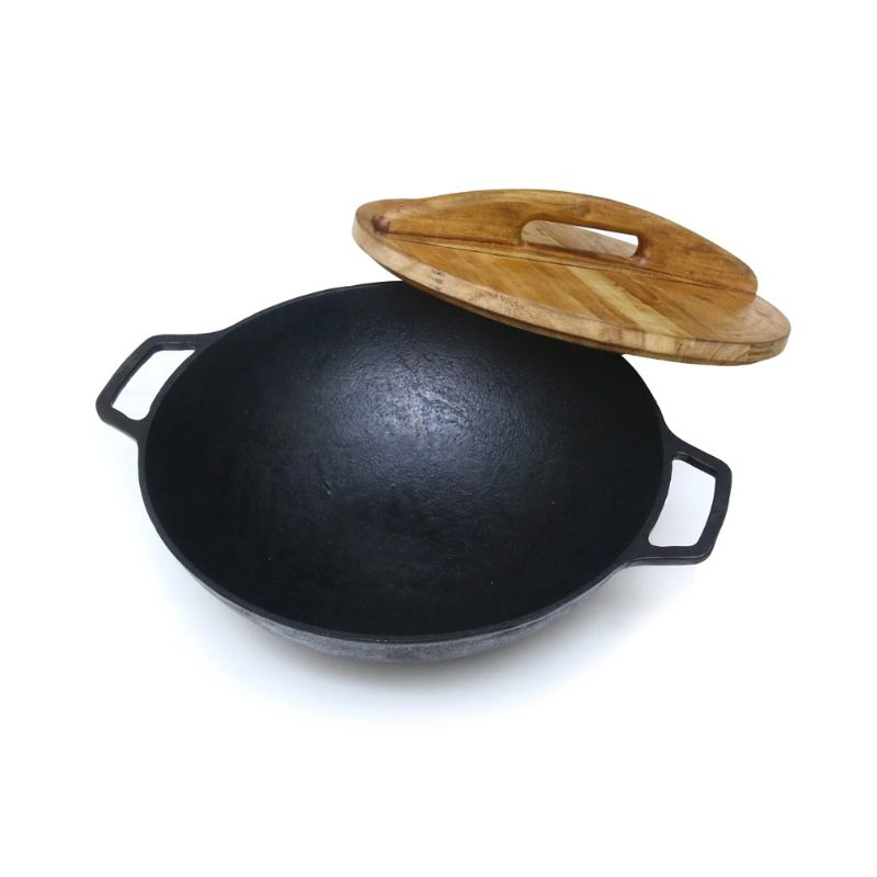 Cast Iron Wok With Wooden Lid 12.5"