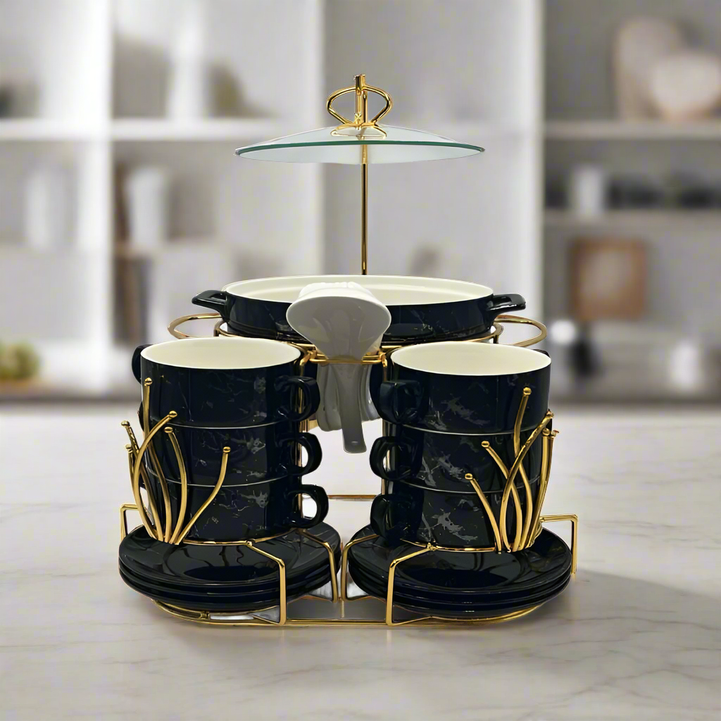 Soup Set With Gold Stand (Black Silver)