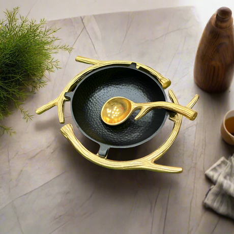 Serving Round Bowl with Spoon Black Gold