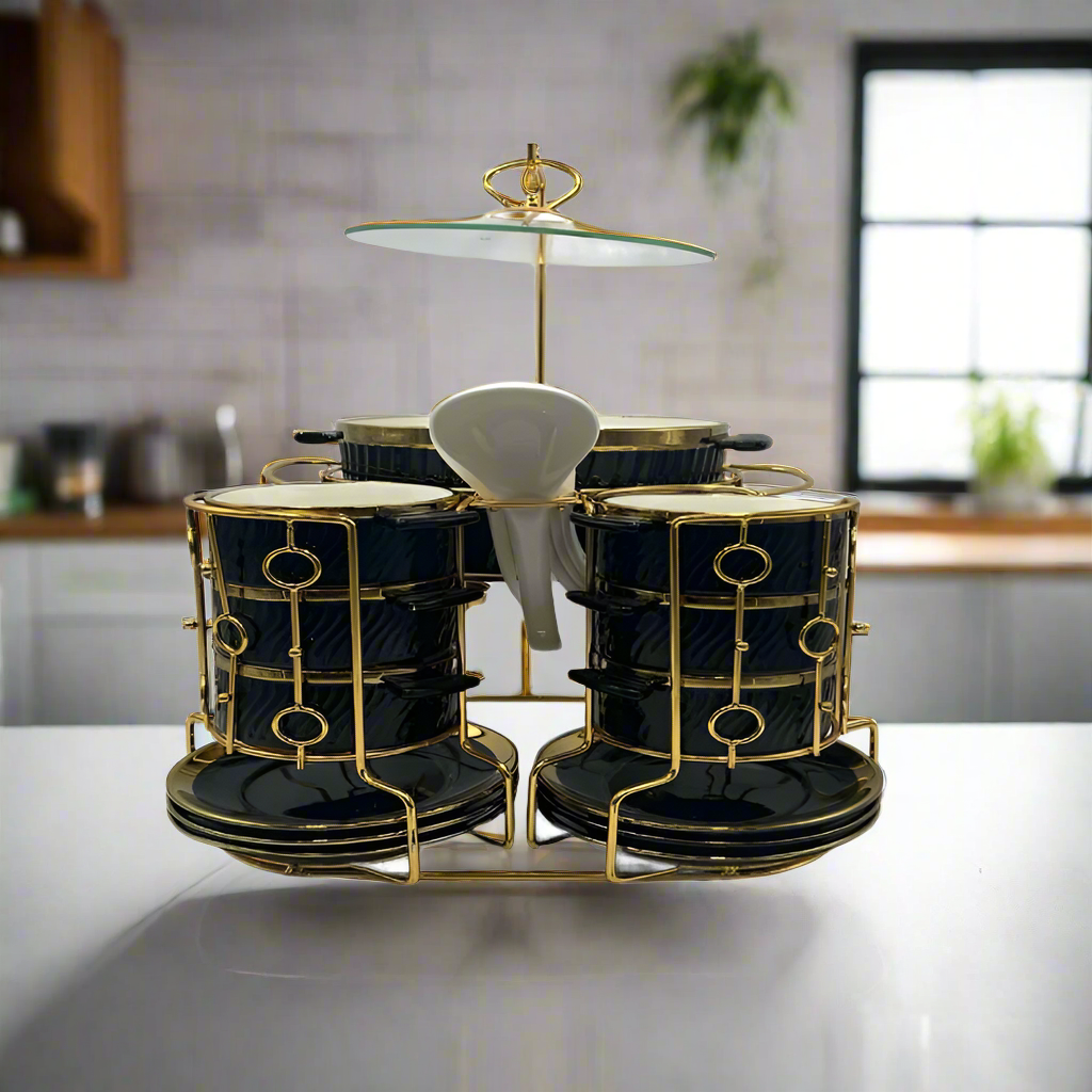 22 PCs Soup Set With Gold Stand (Black)