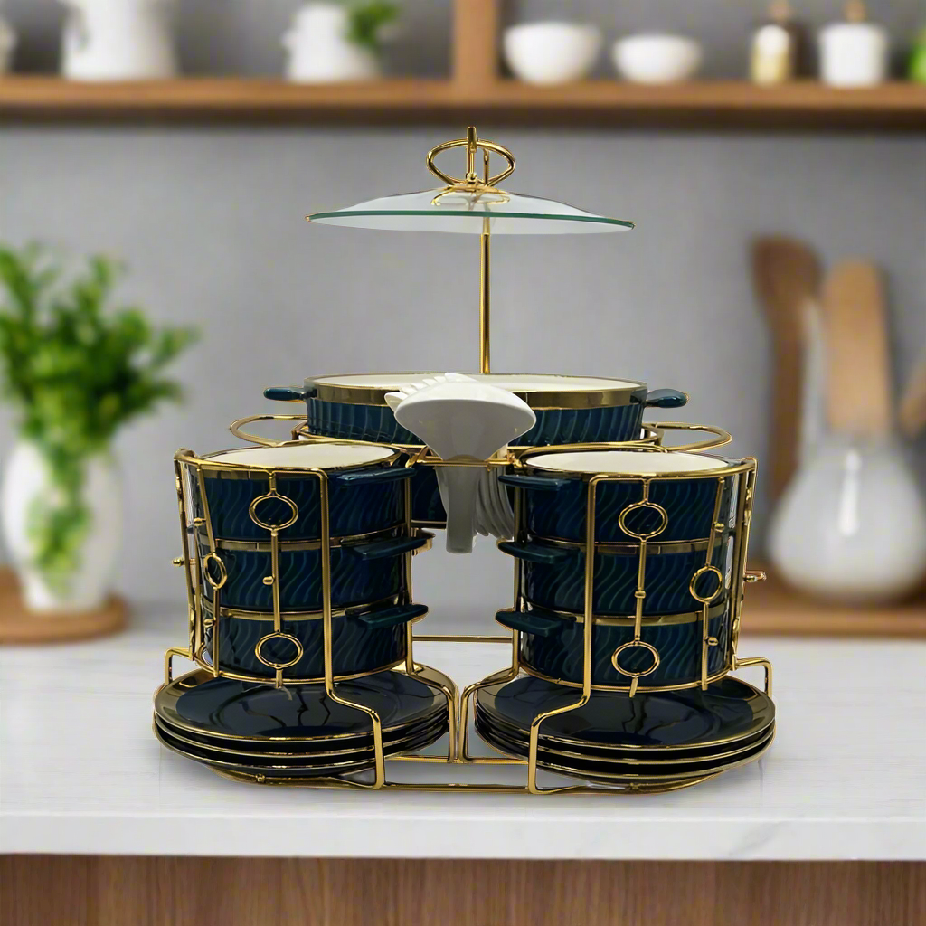 22 PCs Soup Set With Gold Stand (Blue)