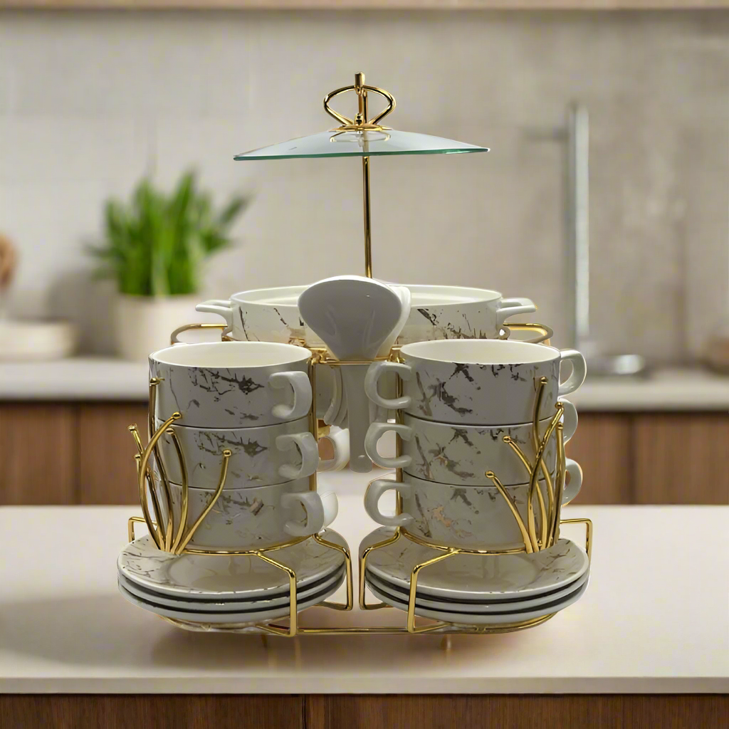 Soup Set With Gold Stand (White)