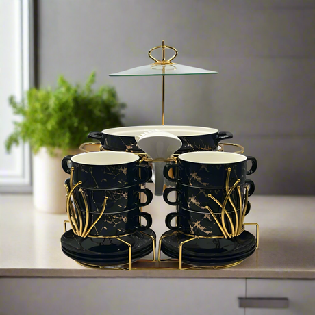 Soup Set With Gold Stand (Black Golden)