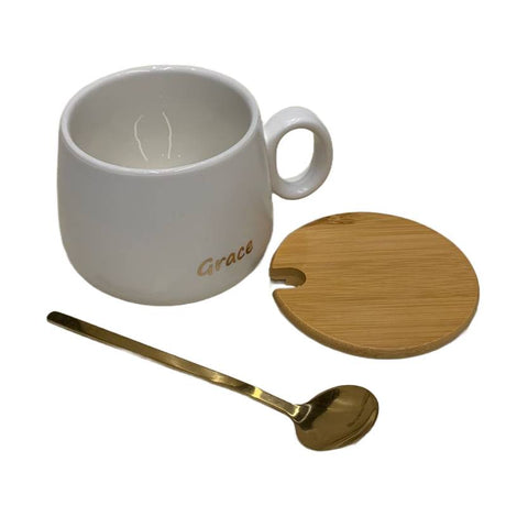 Ceramic Coffee Cup With Lid & Gold Spoon