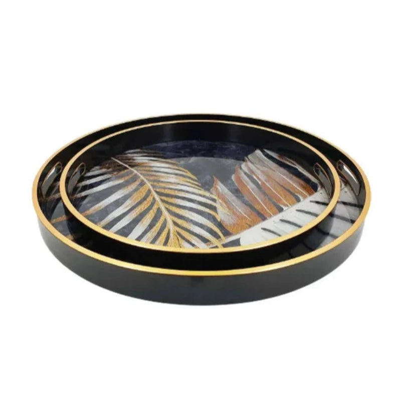 Round Serving Tray Leaf Black (Set of 2)