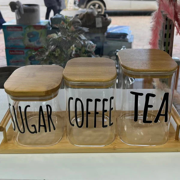 Glass Canister Set With Wooden Tray