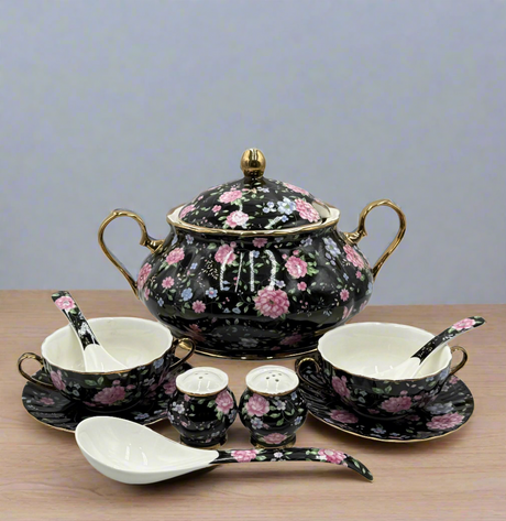 Soup Set Black Flower 23pcs