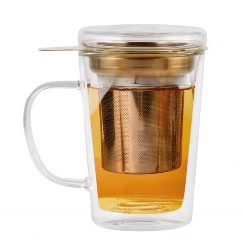 Double wall glass with gold stainless steal infuser 300ml