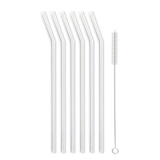 Set of 6 glass straws transparent curved 23cm