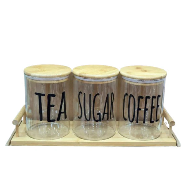 3 Pcs Glass Jar With Wooden Tray