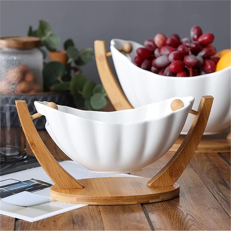 Fruit Basket With Wooden Holder White