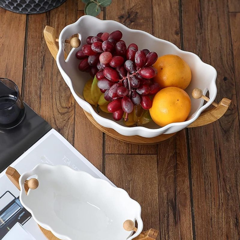 Fruit Basket With Wooden Holder White