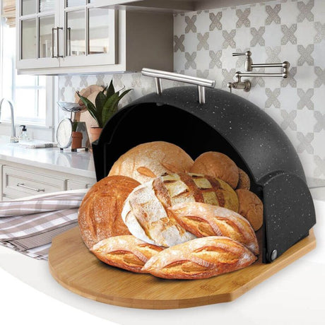 Oval Bread Box with Wooden Base Black