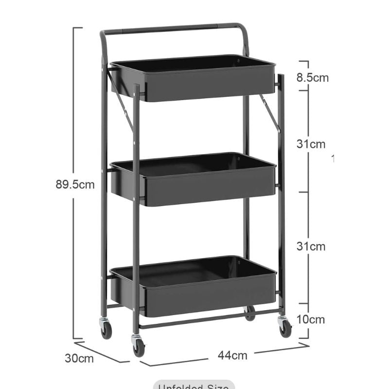 3-Tier Foldable & Rolling Metal Kitchen Trolley