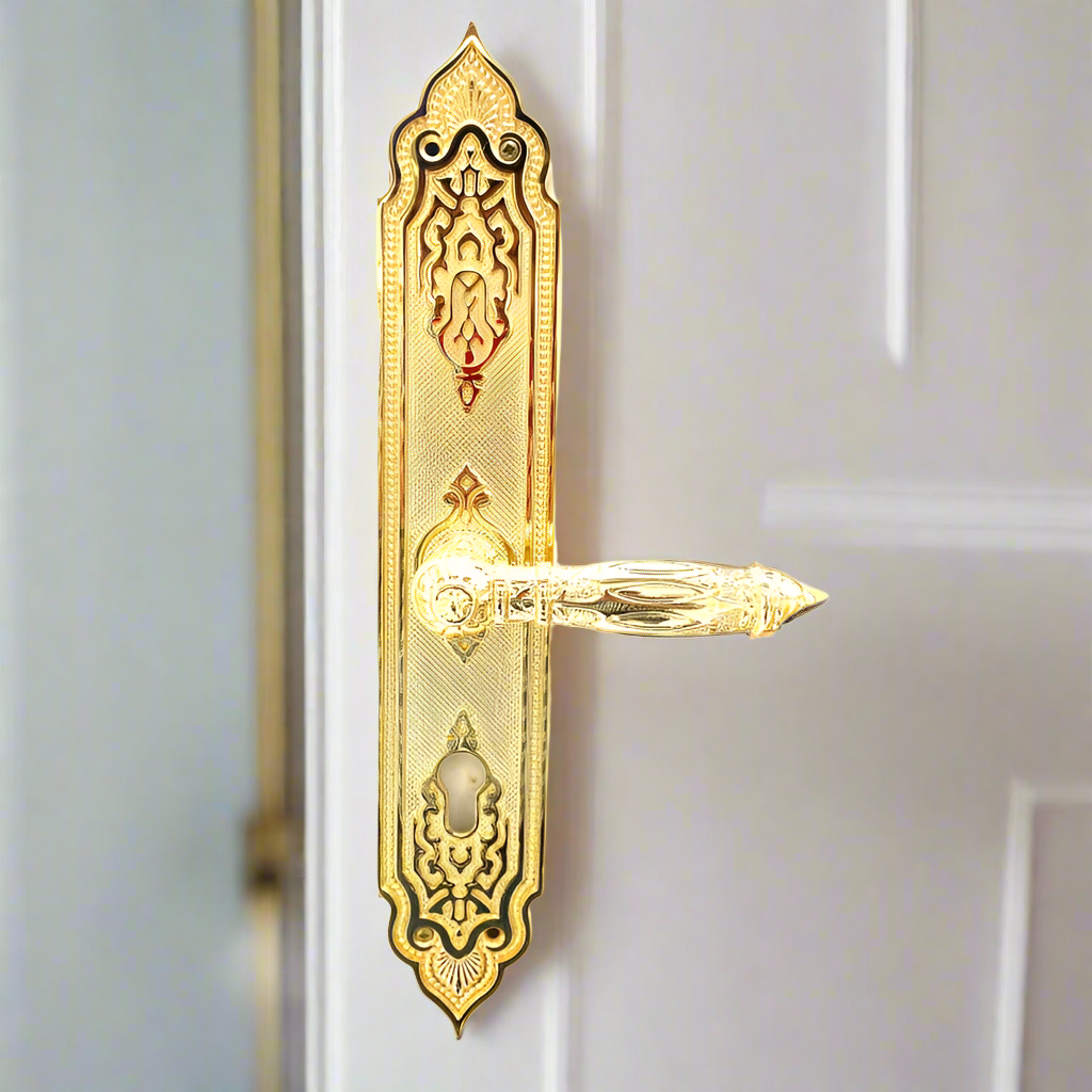 Brass Door Handle Gold Plated on Plate