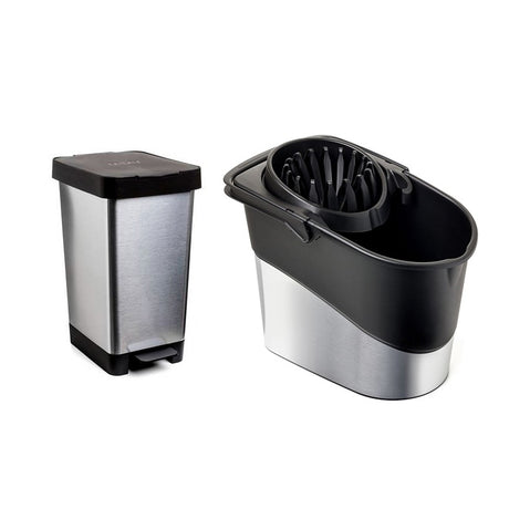 Set of Bucket and Dustbin Deco Steel Grey