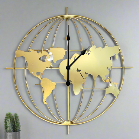 Large Metal Wall Clock World Gold