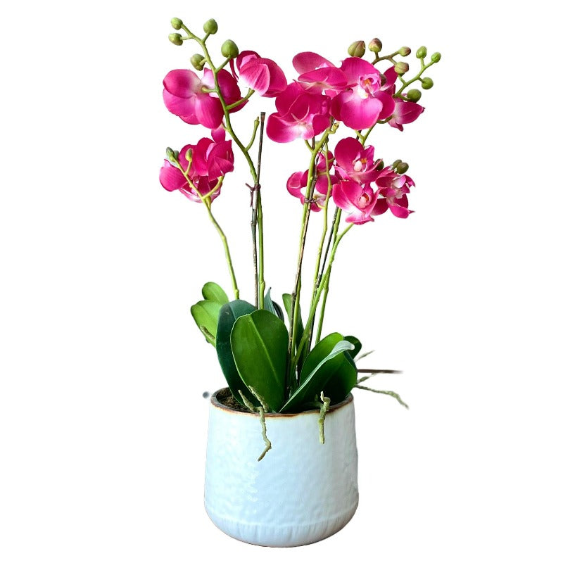 Faux Pink Orchid Arrangement in White Pot