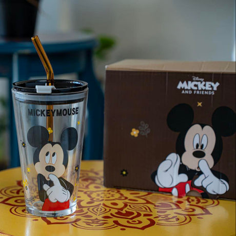 Disney Mickey Mouse Kids Drinking Glass With Lid & Straw 500ml