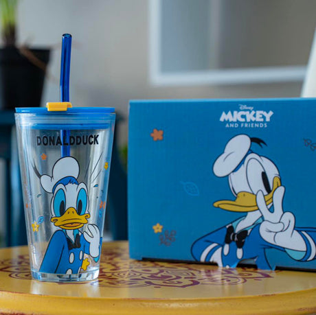 Disney Donald Duck Kids Drinking Glass With Lid & Straw 500ml