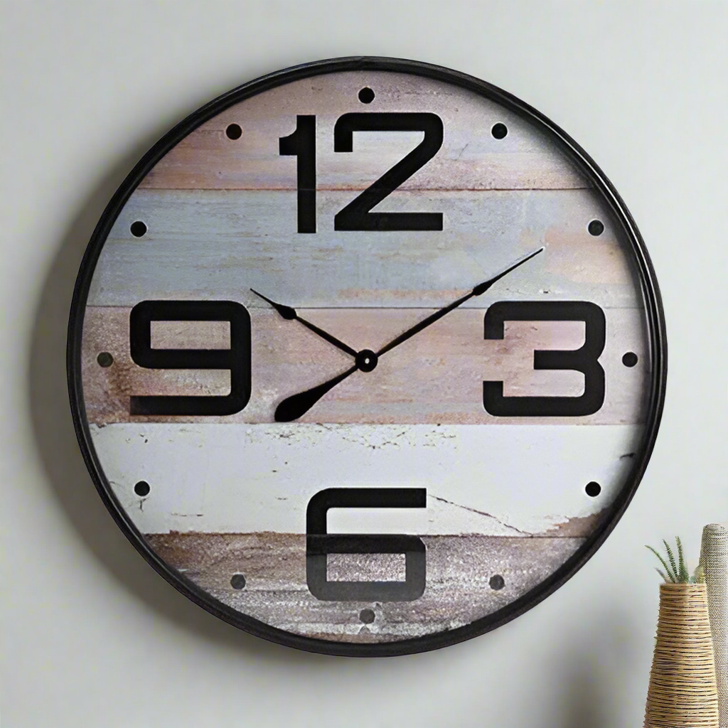 Large Metal Wall Clock Wooden Deign