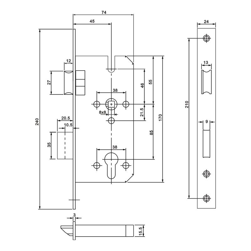 Euro Art Din Quality Mortise Lock 45MM Backset