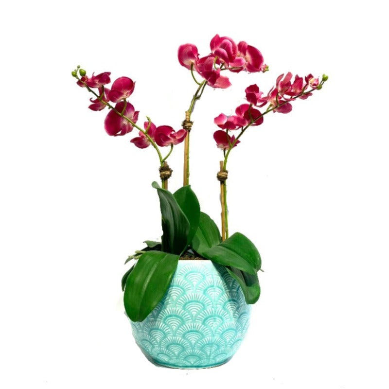 Pink Orchid Arrangement In White Ceramic Vase