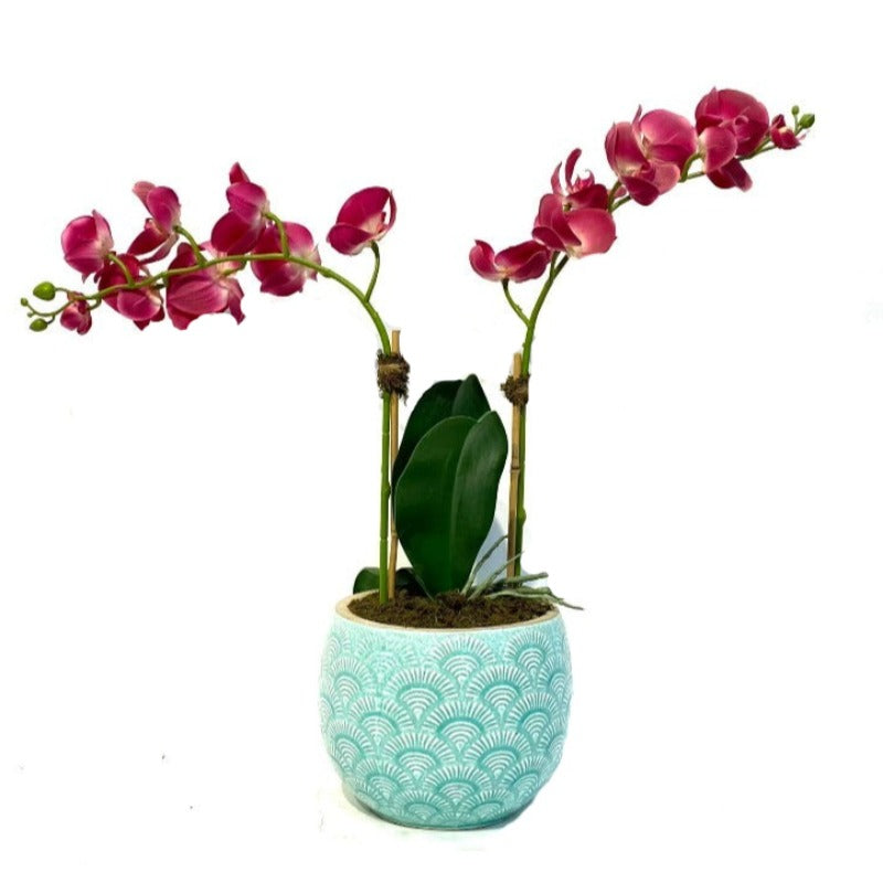 Pink Orchid Arrangement In Blue Turquoise Vase