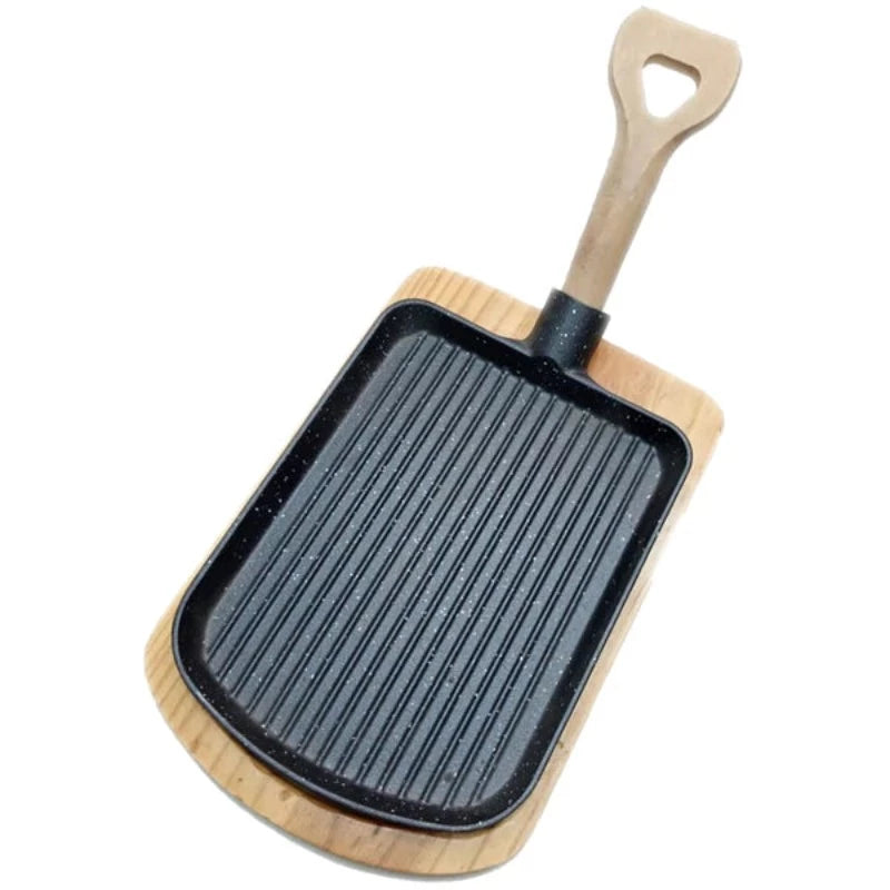 Cast Iron Grill Pan With Wooden Handle & Base