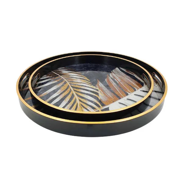 Round Serving Tray Black Leaf (Set of 2)