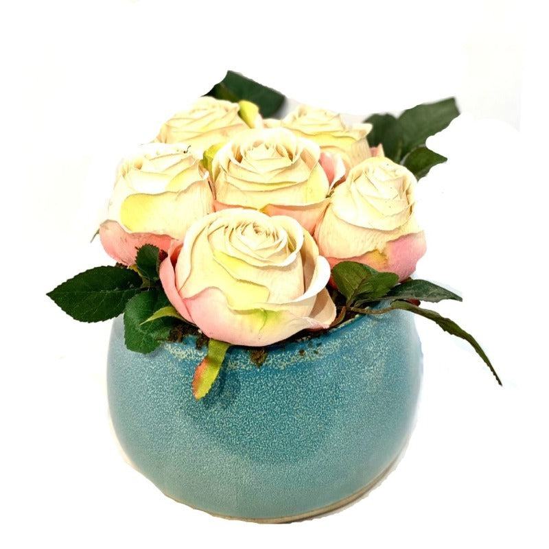 Faux Roses in Sky Blue Pot