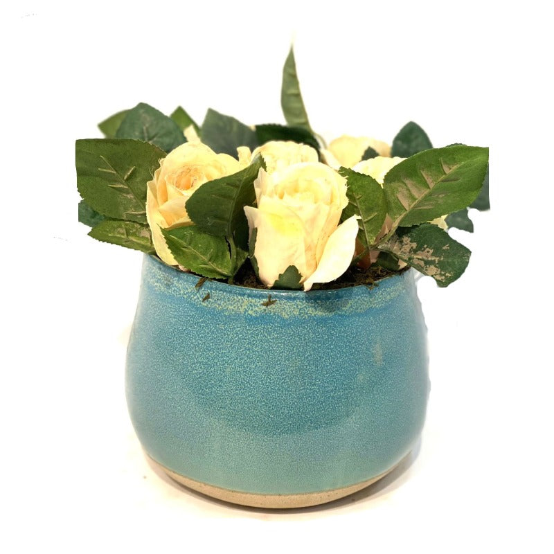 Faux Roses in Sky Blue Pot