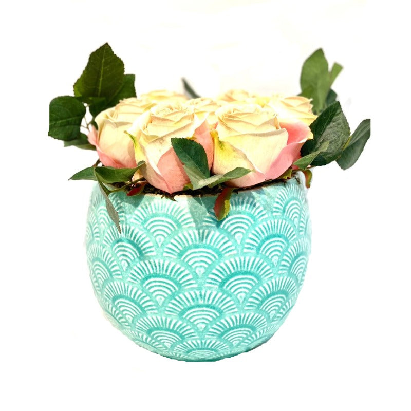 Faux Roses in Turquoise Pot