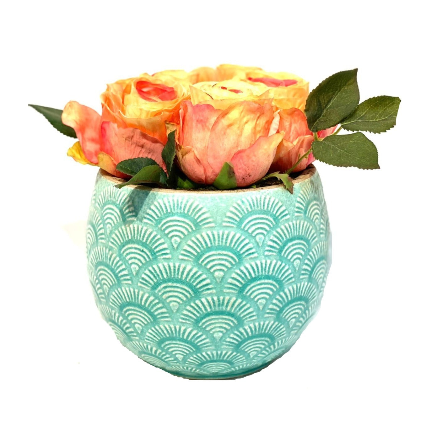 Faux Orange Roses in Turquoise Pot