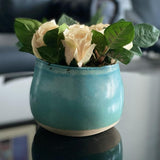 Faux Roses in Sky Blue Pot