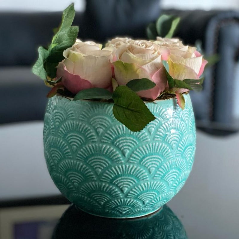 Faux Roses in Turquoise Pot