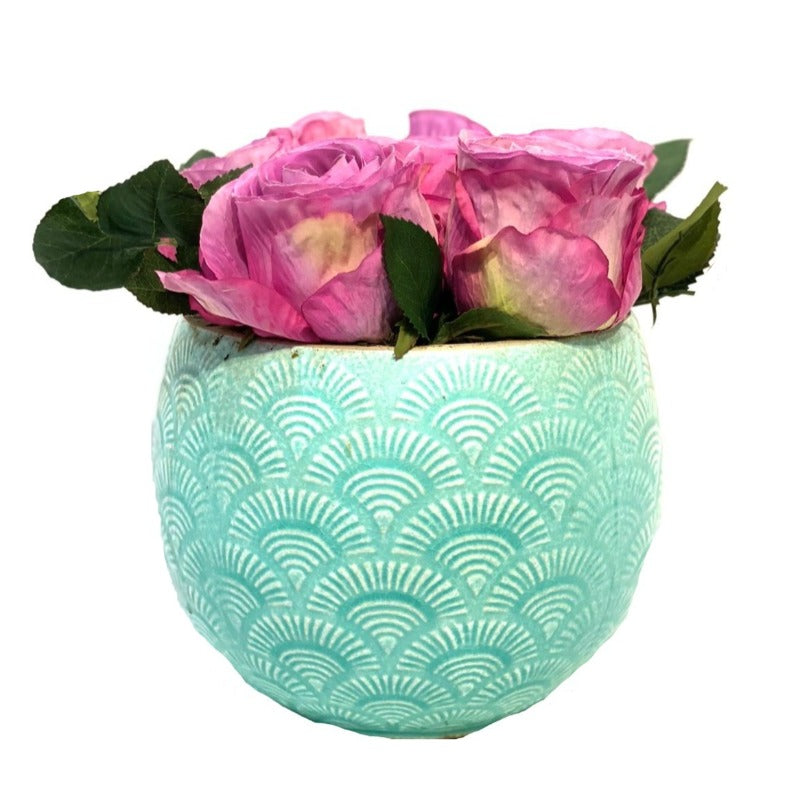 Faux Pink Roses in Turquoise Pot