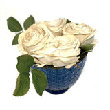 Faux White Roses in Blue Vase