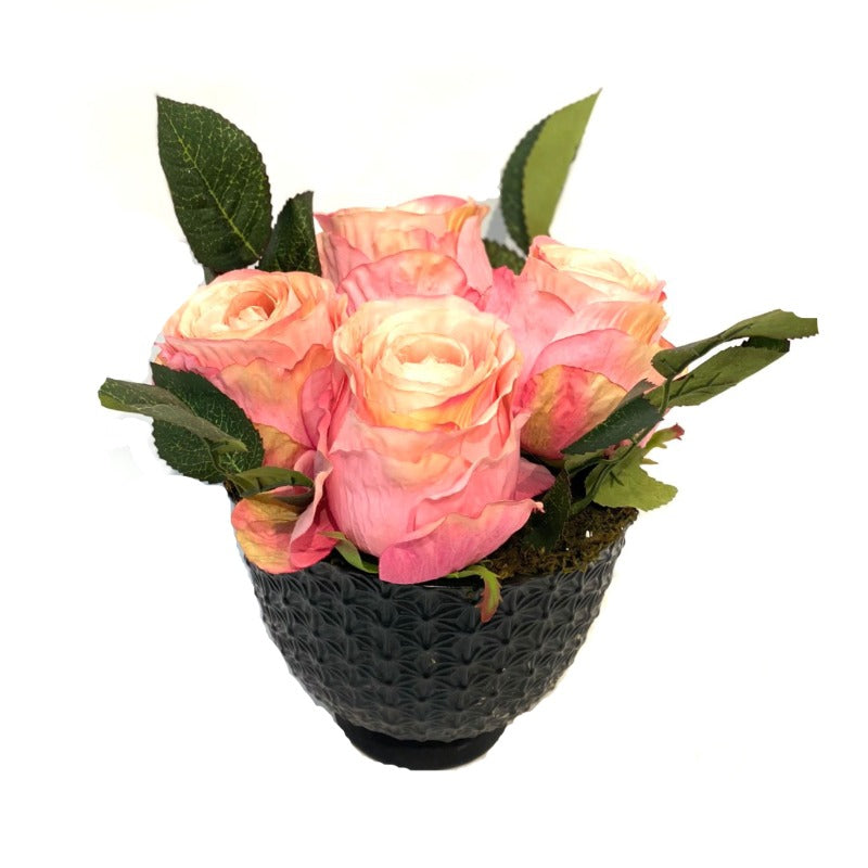 Faux Pink Roses in Charcoal Black Vase