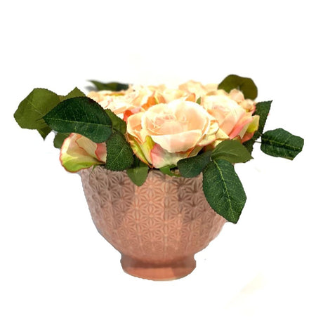 Faux Peach Roses in Pink Pot