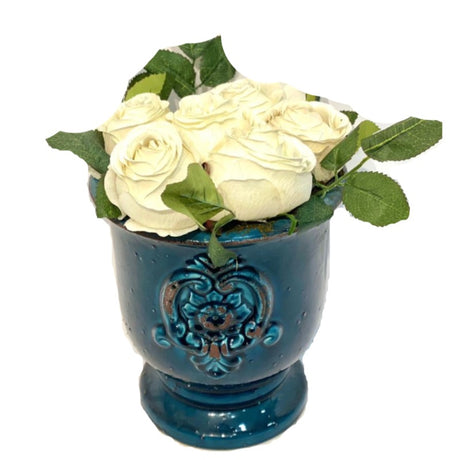 Faux White Roses Arrangement in Vintage Blue Pot