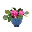 Faux Pink Rose Arrangement in Blue Vase