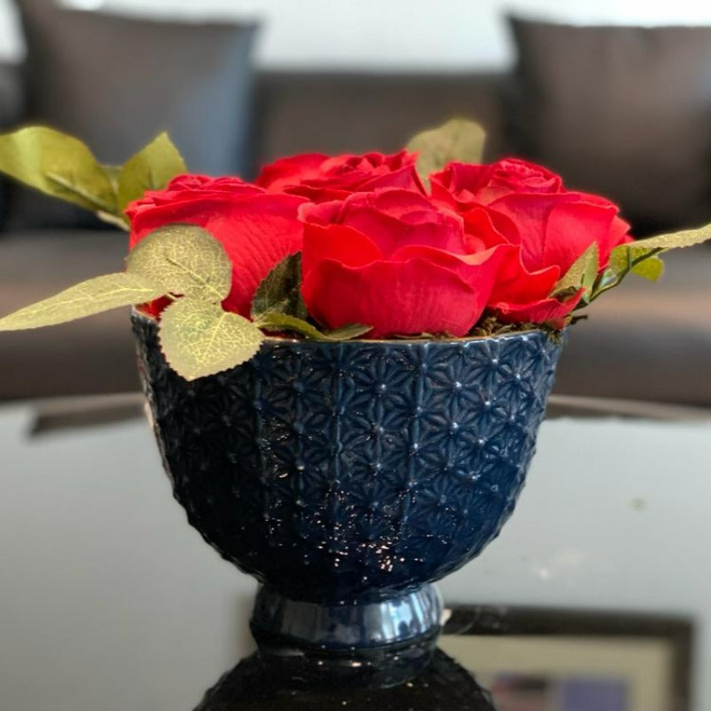 Faux Red Rose Arrangement in Charcoal Vase