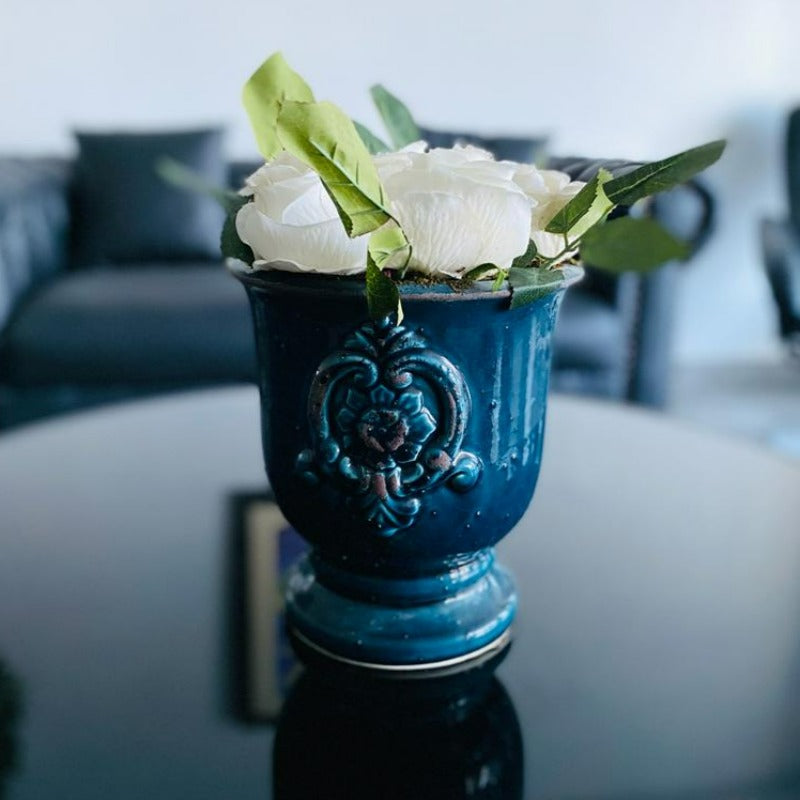 Faux White Roses Arrangement in Vintage Blue Pot